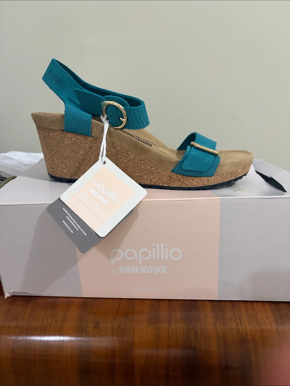 Birkenstock Teal Wedge Sandal with Gold Buckles SZ 41 new with tags.